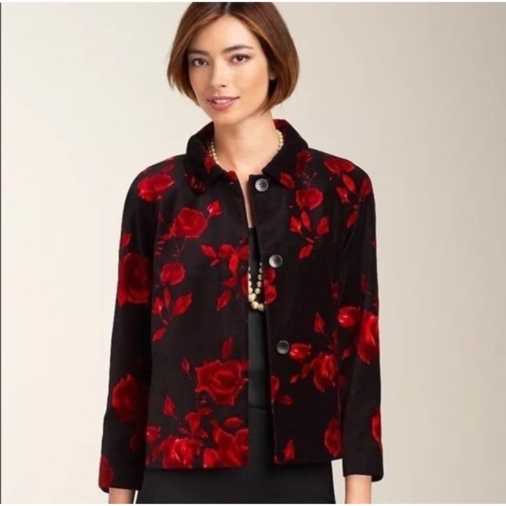 Talbots Black Velvet Jacket Blazer Woman's Size 10 Red Roses Floral Career Lined